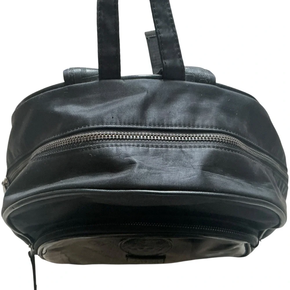 Versace Medusa head black faux patent leather nylon backpack